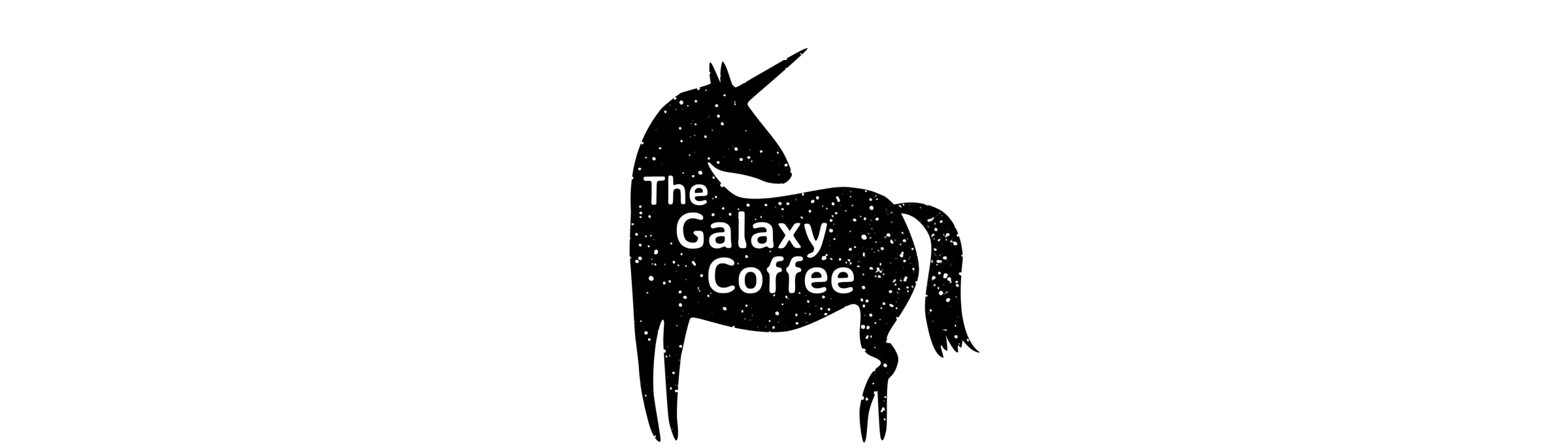 The Galaxy Coffee logo: a silhouette of a unicorn facing backwards, black with white stars, and the words "The Galaxy Coffee" written across the body.